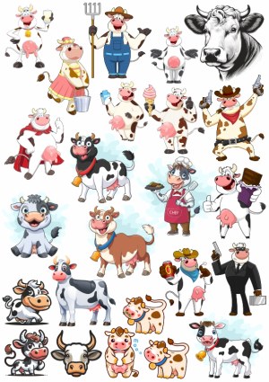 Cartoon Cow Characters in Various Costumes and Poses Free Vector