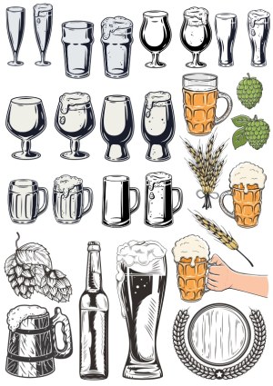 Vector Collection of Beer Glasses, Bottles, Hops and Barley Free Vector