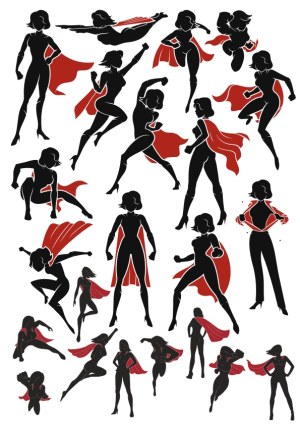 Silhouettes of Female Superheroes in Action Poses with Red Capes Free Vector