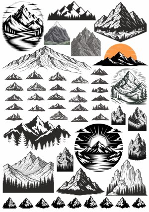 Set of Black and White Mountain and Forest Vector Illustrations Free Vector