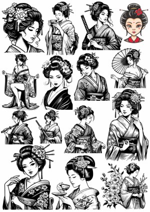 Collection of Traditional Japanese Geisha Women Vector Illustrations Free Vector