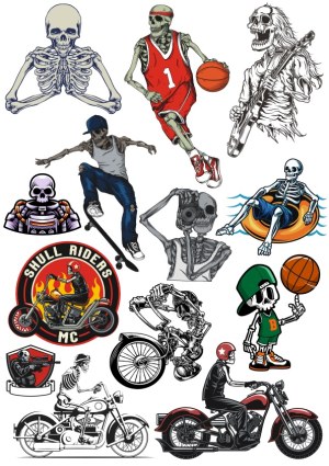 Skeleton-Themed Sports, Music, and Motorcycle Vector Illustrations Free Vector