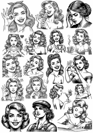 Retro Woman Expressions and Activities Black and White Vector Set Free Vector