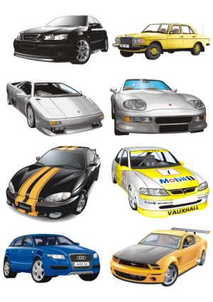 Set of Vector Illustrations of Various Cars Including Sports, Classic, and Racing Models Free Vector