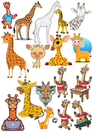 Collection of Cartoon and Realistic Giraffe Illustrations in Various Styles and Activities Free Vector