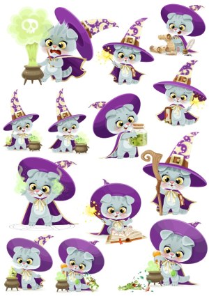 Cartoon Cat Wizard in Various Magical Poses Free Vector