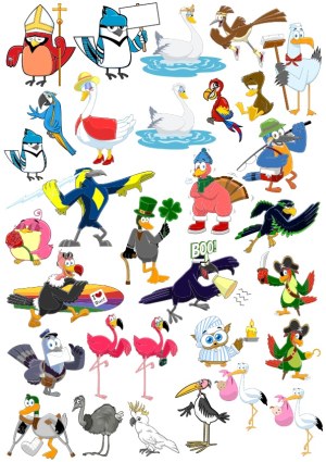 Collection of Cartoon Birds in Various Costumes and Poses Free Vector