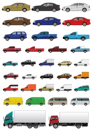 Various Vector Side-View Cars, Trucks, Vans and Utility Vehicles Free Vector