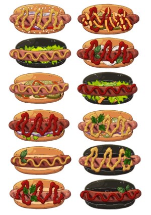 Assorted Gourmet Hot Dogs with Various Toppings Free Vector