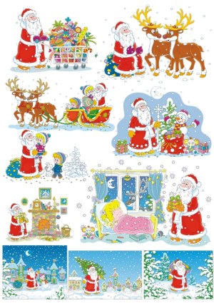 Santa Claus Christmas Scenes with Reindeer, Sleigh, and Gifts Vector Illustrations Free Vector