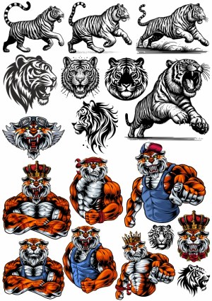 Tiger Illustrations and Muscular Tiger Mascot Vector Set Free Vector