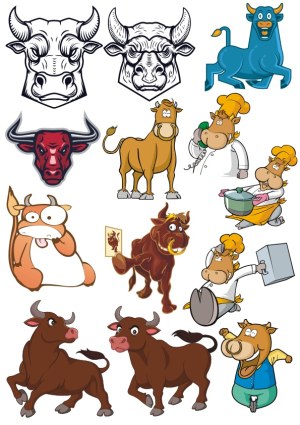 Collection of Bull and Ox Cartoon and Graphic Vector Illustrations Free Vector