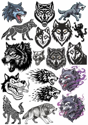 Collection of Aggressive and Stylized Wolf Head and Full Body Vector Illustrations Free Vector