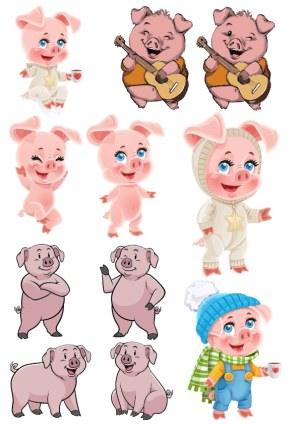 Cute Cartoon Pig Characters in Various Poses and Outfits Vector Set Free Vector