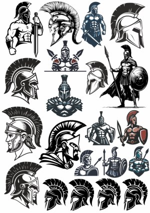 Spartan Warrior Helmet and Soldier Vector Set Free Vector