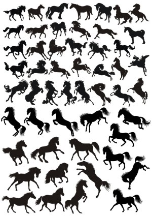 Set of 50 Black Horse Silhouettes in Various Poses Free Vector