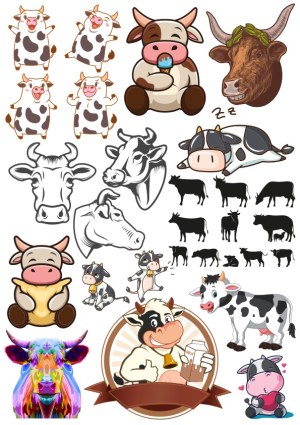 Collection of Cartoon and Silhouette Cow and Bull Illustrations Free Vector