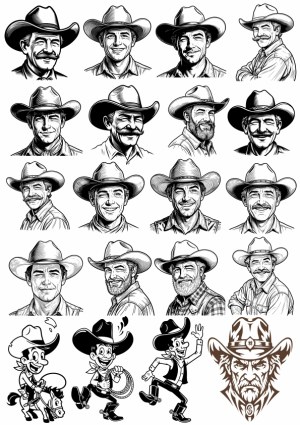 Vintage and Cartoon Cowboy Portraits Vector Collection Free Vector