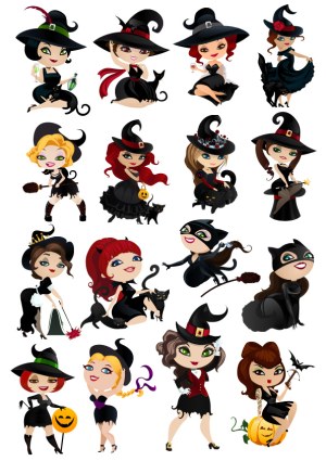 Vector Collection of Cartoon Witches with Black Cats and Halloween Accessories Free Vector