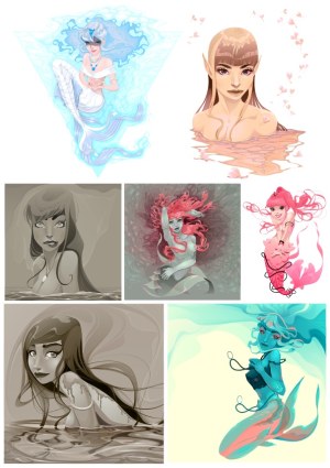 Collection of Fantasy Mermaid and Water Nymph Vector Illustrations Free Vector