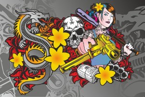 Tattooed Woman with Golden Gun and Dragon Tattoo Street Art Vector Free Vector