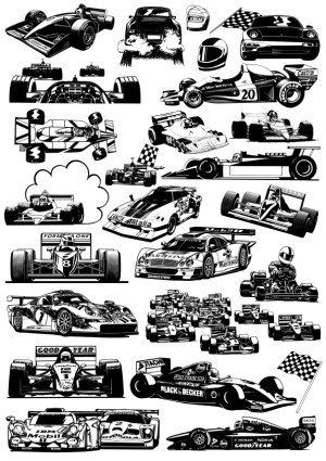 Black and White Racing Cars and Motorsport Elements Vector Collection Free Vector