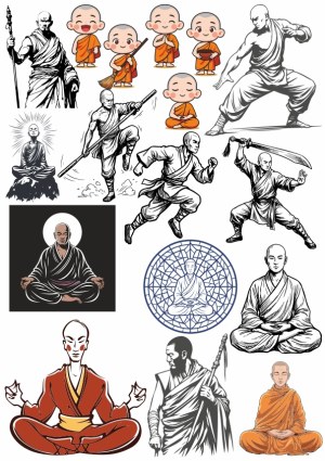 Set of Monk and Martial Artist Illustrations in Various Meditation and Combat Poses Free Vector