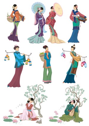 Traditional Asian Women in Colorful Attire with Accessories and Nature Elements Vector Set Free Vector