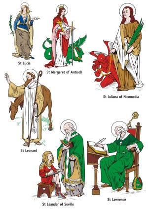 Illustrated Saints with Attributes: St Lucia, Margaret, Juliana, Leonard, Leander, Lawrence Free Vector