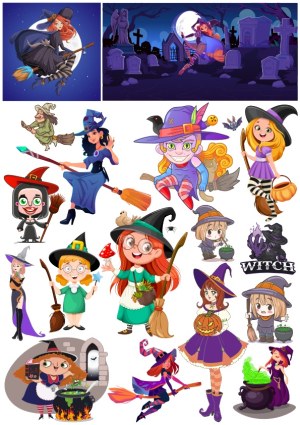 Collection of Cartoon Witch Characters and Halloween Scenes Free Vector