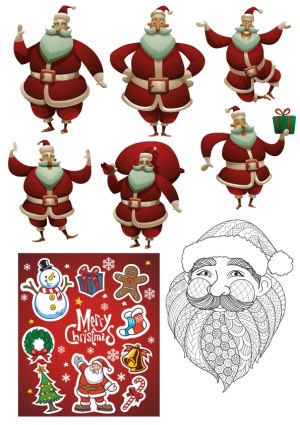Set of Cartoon Santa Claus Poses and Christmas Stickers Free Vector