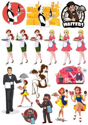 Collection of Waiter and Waitress Cartoon Vector Illustrations Free Vector
