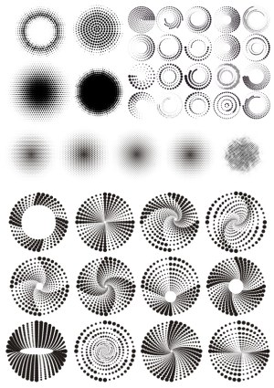 Set of Black Dot Halftone Circular Patterns and Spirals Free Vector
