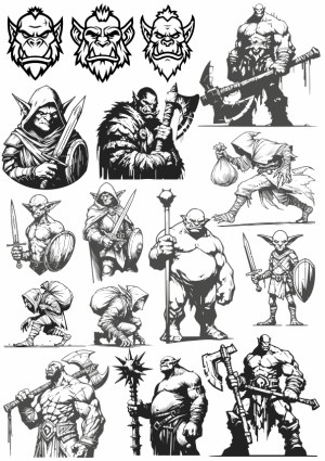 Black and White Orc and Goblin Fantasy Warrior Vector Illustrations Free Vector