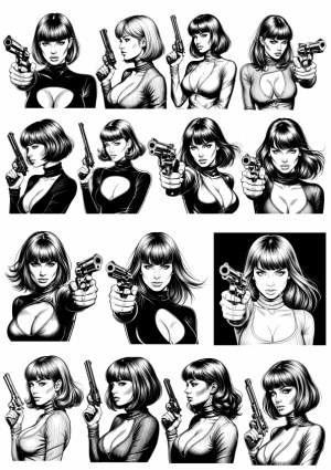 Female Assassin with Pistol Black and White Vector Illustrations Free Vector