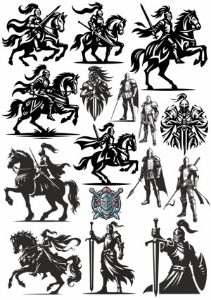 Medieval Knight and Cavalry Vector Silhouettes and Emblems Free Vector