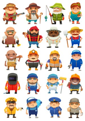 Cartoon Characters Representing Various Occupations Free Vector