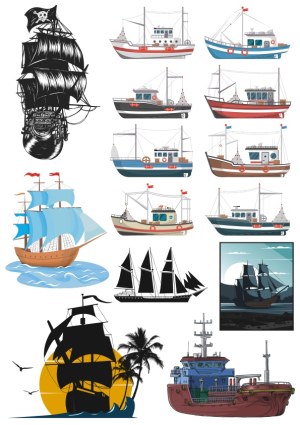 Collection of Various Sailing and Fishing Boats Vector Illustrations Free Vector