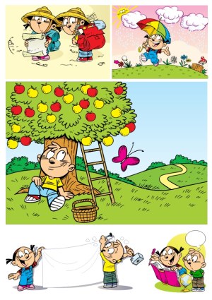 Children Cartoon Scenes with Nature, Weather, and Study Activities Free Vector