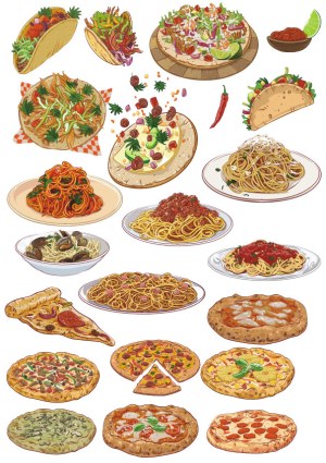 Vector Collection of Various Italian and Mexican Foods Including Pizza, Pasta, and Tacos Free Vector