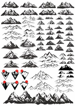 Collection of Black and White Mountain Silhouettes and Line Art Free Vector