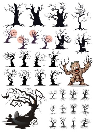 Collection of Spooky Halloween Dead Trees and Tree Monster Vector Illustrations Free Vector