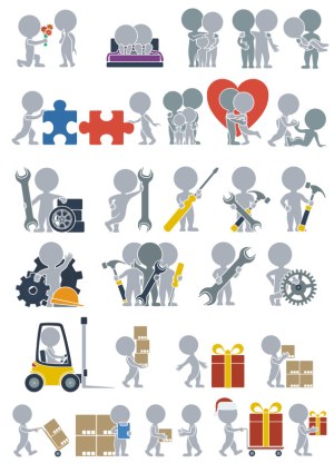 Business and Relationship Concept Stick Figures with Tools, Gifts, and Family Free Vector