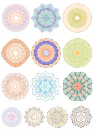 Set of 13 Multi-Colored Circular Guilloche Patterns Free Vector