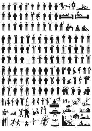 Large Set of Black Stick Figure Icons Representing Emotions, Actions, and Concepts Free Vector