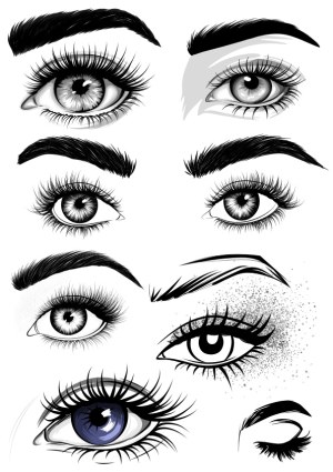 Detailed Black and White Vector Illustrations of Female Eyes with Eyebrows Free Vector