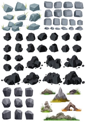 Collection of Vector Rock and Stone Illustrations with Grass Free Vector