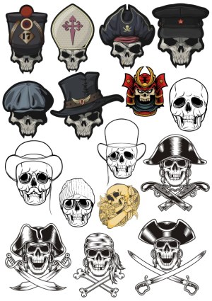 Skull Illustrations with Various Hats and Pirate Themes Free Vector