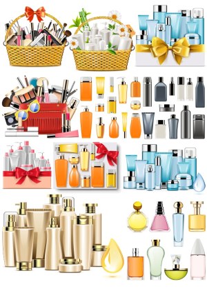 Vector Collection of Cosmetic and Skincare Bottle Sets with Gift Baskets Free Vector
