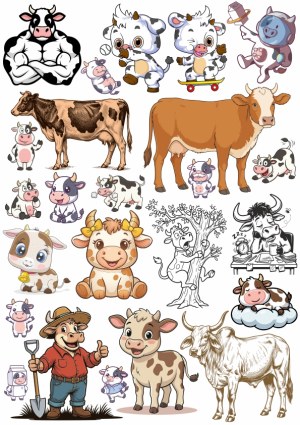 Collection of Cartoon and Realistic Cow Illustrations and Characters Free Vector